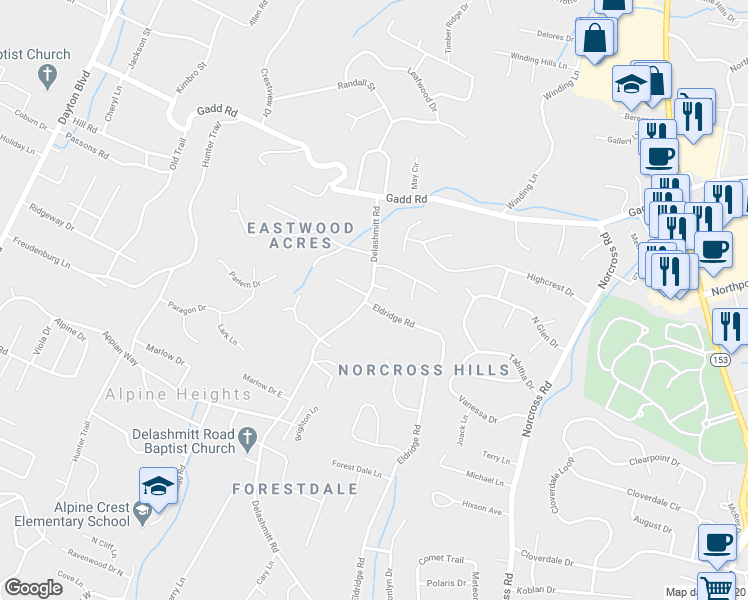 map of restaurants, bars, coffee shops, grocery stores, and more near 5118 Eldridge Road in Chattanooga