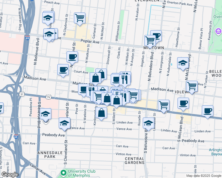 map of restaurants, bars, coffee shops, grocery stores, and more near 1530 Monroe Avenue in Memphis