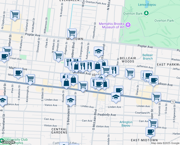 map of restaurants, bars, coffee shops, grocery stores, and more near 11 South Idlewild Street in Memphis