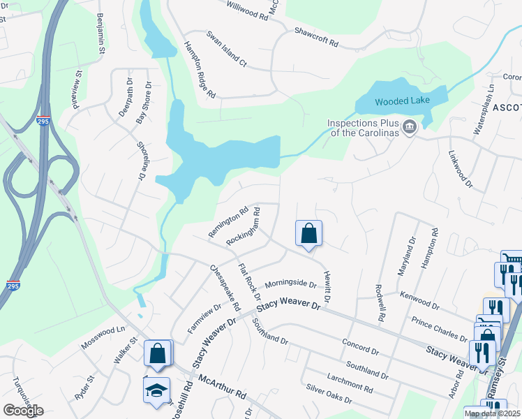 map of restaurants, bars, coffee shops, grocery stores, and more near 454 Waterbury Drive in Fayetteville