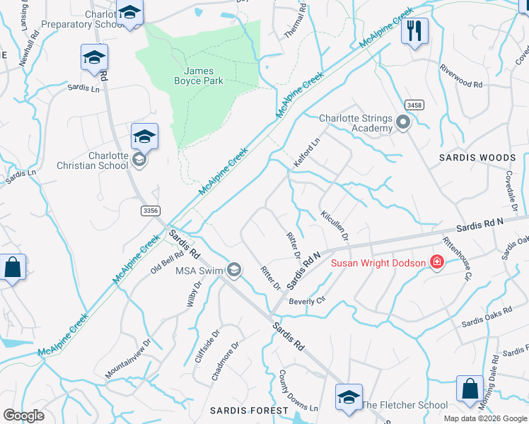 map of restaurants, bars, coffee shops, grocery stores, and more near 7429 Ritter Drive in Charlotte