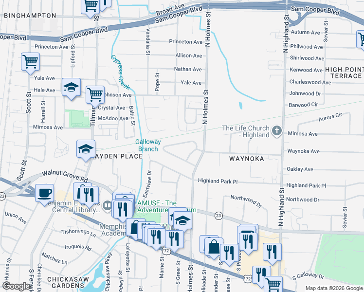 map of restaurants, bars, coffee shops, grocery stores, and more near 199 Waynoka Lane in Memphis
