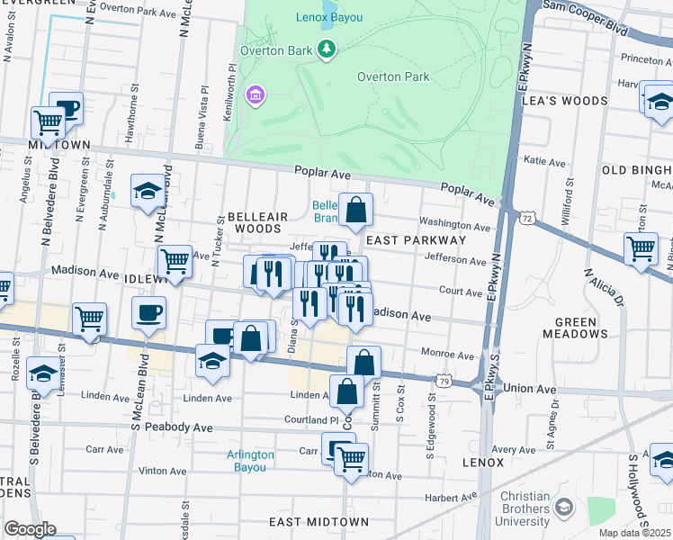 map of restaurants, bars, coffee shops, grocery stores, and more near 2108 Lasalle Place in Memphis