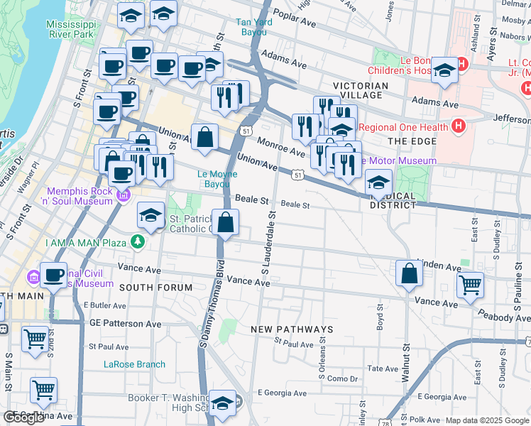 map of restaurants, bars, coffee shops, grocery stores, and more near 533 Beale Street in Memphis