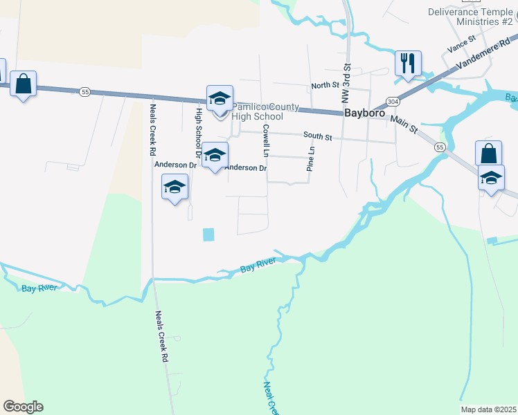 map of restaurants, bars, coffee shops, grocery stores, and more near 404 Cowell Lane in Bayboro