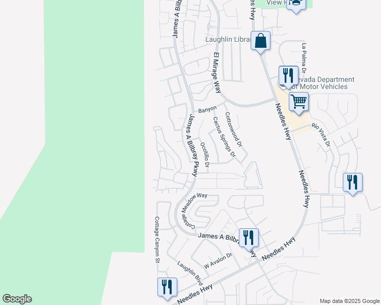 map of restaurants, bars, coffee shops, grocery stores, and more near 3265 Canyon Terrace Drive in Laughlin