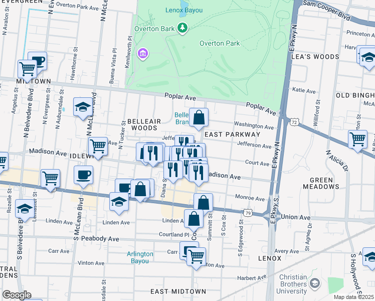 map of restaurants, bars, coffee shops, grocery stores, and more near 2108 Lasalle Place in Memphis