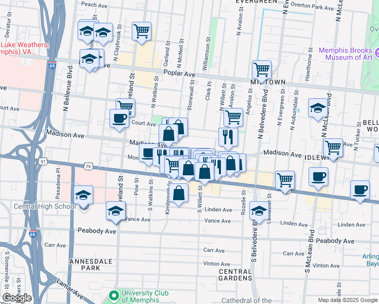 map of restaurants, bars, coffee shops, grocery stores, and more near 1515 Madison Avenue in Memphis