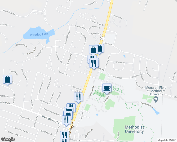 map of restaurants, bars, coffee shops, grocery stores, and more near 121 Aloha Drive in Fayetteville