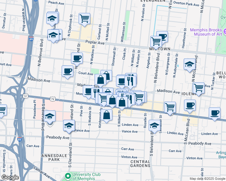 map of restaurants, bars, coffee shops, grocery stores, and more near 1530 Monroe Avenue in Memphis