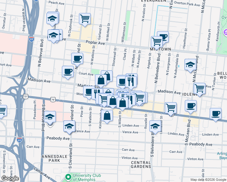 map of restaurants, bars, coffee shops, grocery stores, and more near 1515 Madison Avenue in Memphis