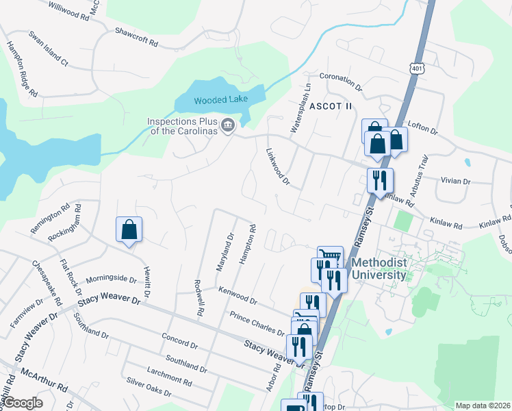 map of restaurants, bars, coffee shops, grocery stores, and more near 5426 Hampton Road in Fayetteville