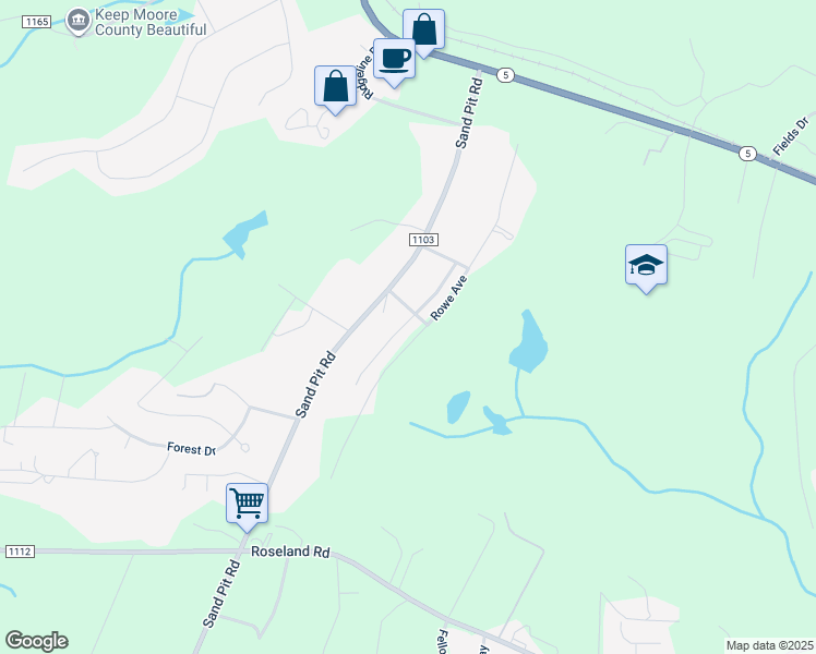 map of restaurants, bars, coffee shops, grocery stores, and more near Rowe Avenue in Moore County