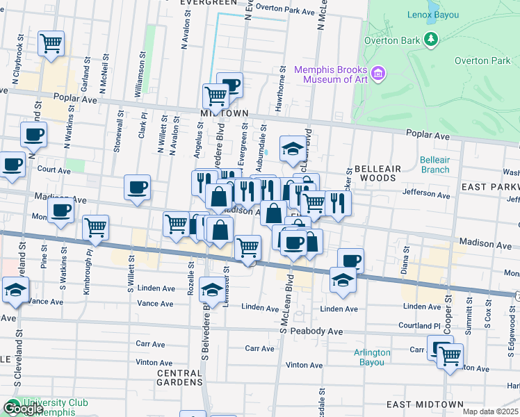map of restaurants, bars, coffee shops, grocery stores, and more near 11 South Idlewild Street in Memphis
