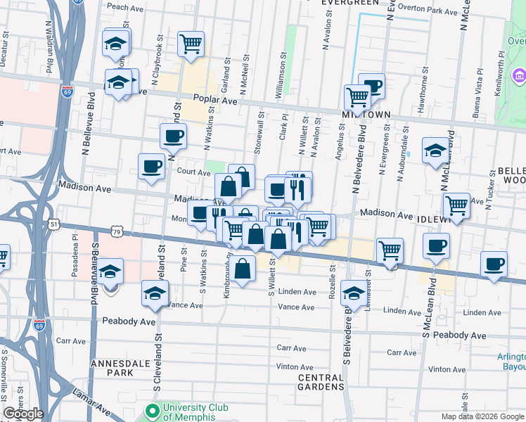 map of restaurants, bars, coffee shops, grocery stores, and more near 1530 Monroe Avenue in Memphis