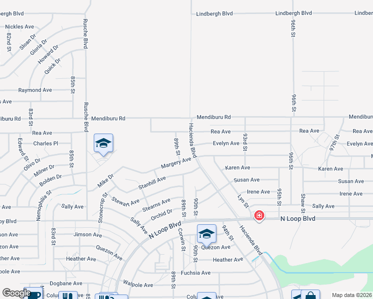 map of restaurants, bars, coffee shops, grocery stores, and more near 21000 Hacienda Boulevard in California City