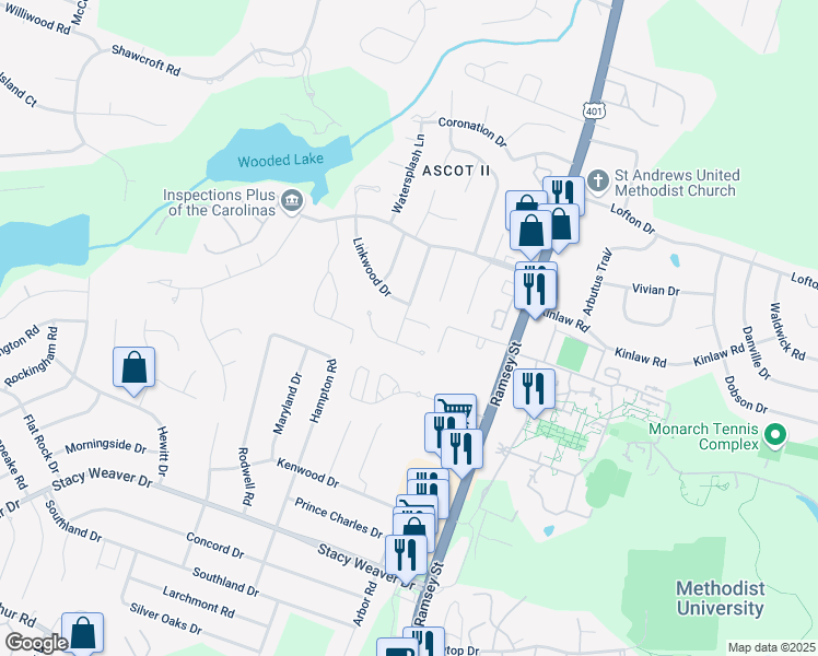 map of restaurants, bars, coffee shops, grocery stores, and more near 5512 Hartfield Court in Fayetteville