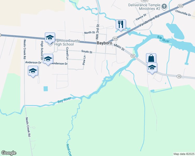map of restaurants, bars, coffee shops, grocery stores, and more near 400 South 3rd Street in Bayboro