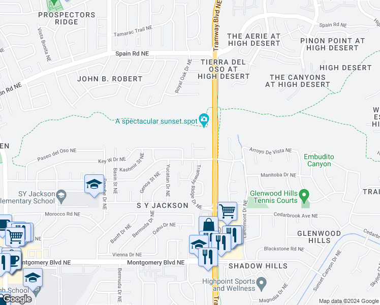 map of restaurants, bars, coffee shops, grocery stores, and more near 4931 Skyline View Court Northeast in Albuquerque