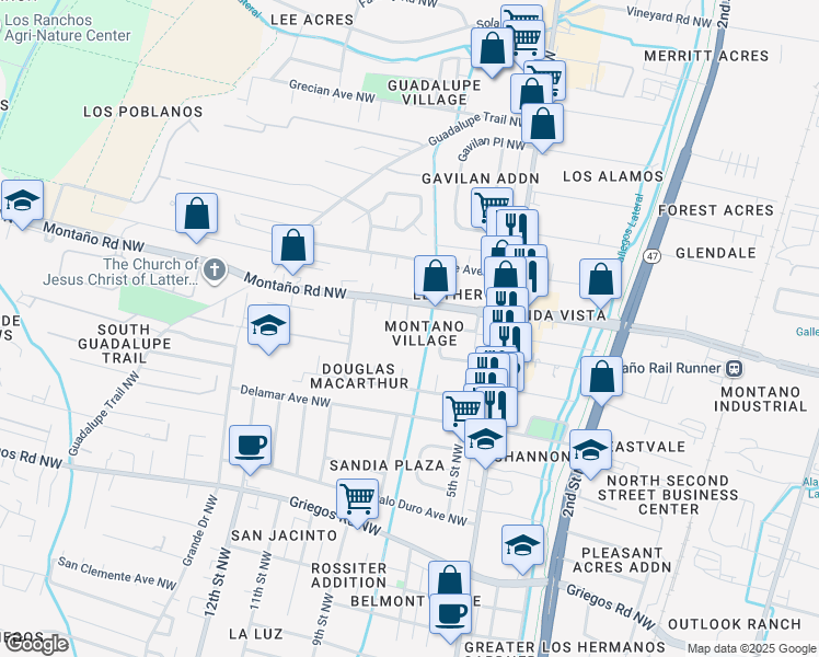 map of restaurants, bars, coffee shops, grocery stores, and more near 5500 Villa Canela Court Northwest in Albuquerque