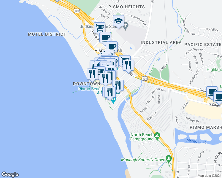 map of restaurants, bars, coffee shops, grocery stores, and more near 166 Ocean View Avenue in Pismo Beach