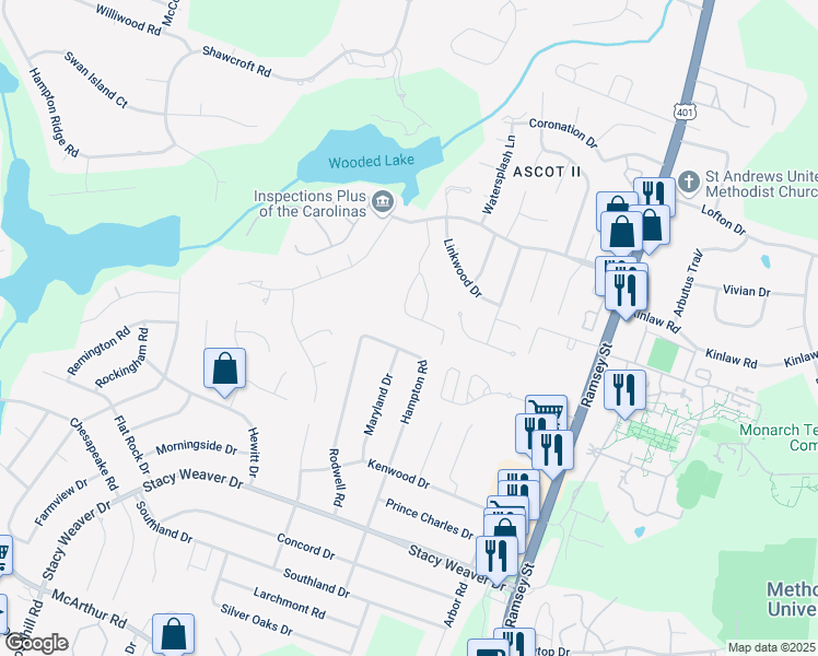 map of restaurants, bars, coffee shops, grocery stores, and more near 5413 Maryland Drive in Fayetteville