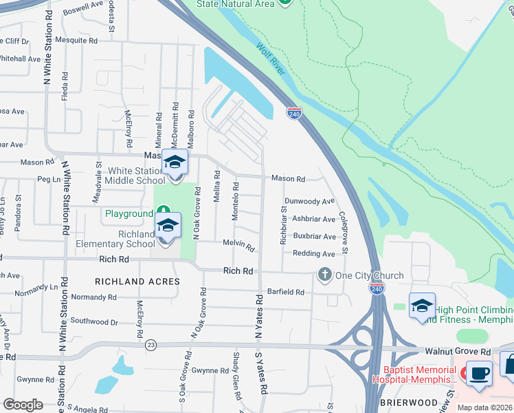 map of restaurants, bars, coffee shops, grocery stores, and more near 5593 Milam Road in Memphis