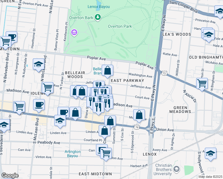 map of restaurants, bars, coffee shops, grocery stores, and more near 28 North Cooper Street in Memphis