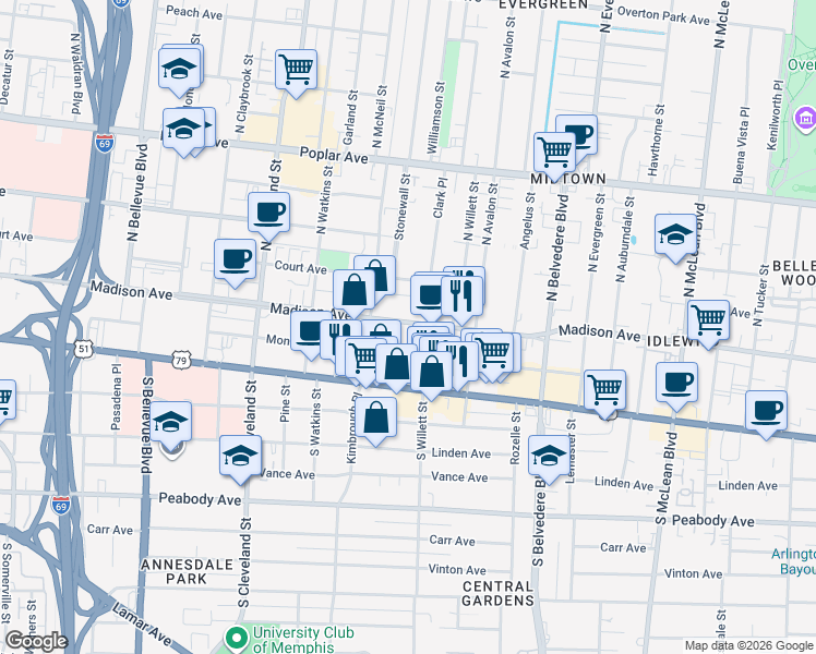 map of restaurants, bars, coffee shops, grocery stores, and more near 1530 Monroe Avenue in Memphis