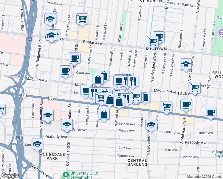 map of restaurants, bars, coffee shops, grocery stores, and more near 1530 Monroe Avenue in Memphis