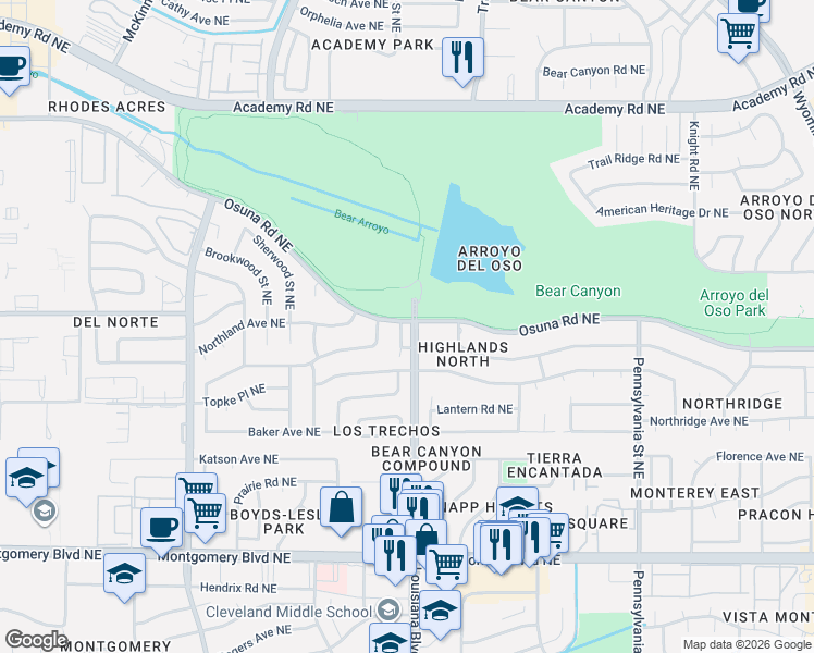 map of restaurants, bars, coffee shops, grocery stores, and more near 4516 Durango Court Northeast in Albuquerque