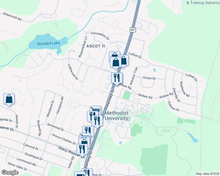 map of restaurants, bars, coffee shops, grocery stores, and more near 5619 Ramsey Street in Fayetteville