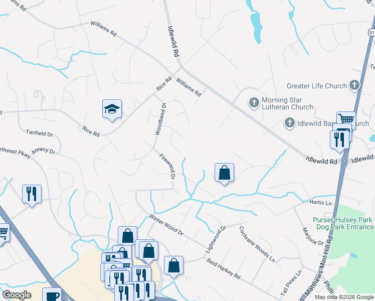 map of restaurants, bars, coffee shops, grocery stores, and more near 12428 Bentcreek Lane in Matthews