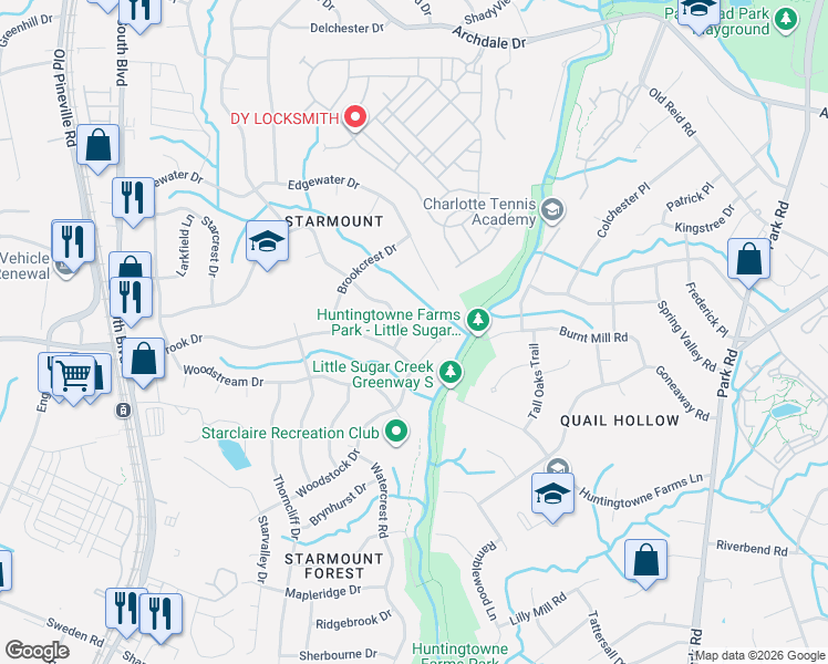 map of restaurants, bars, coffee shops, grocery stores, and more near 2017 Starbrook Drive in Charlotte
