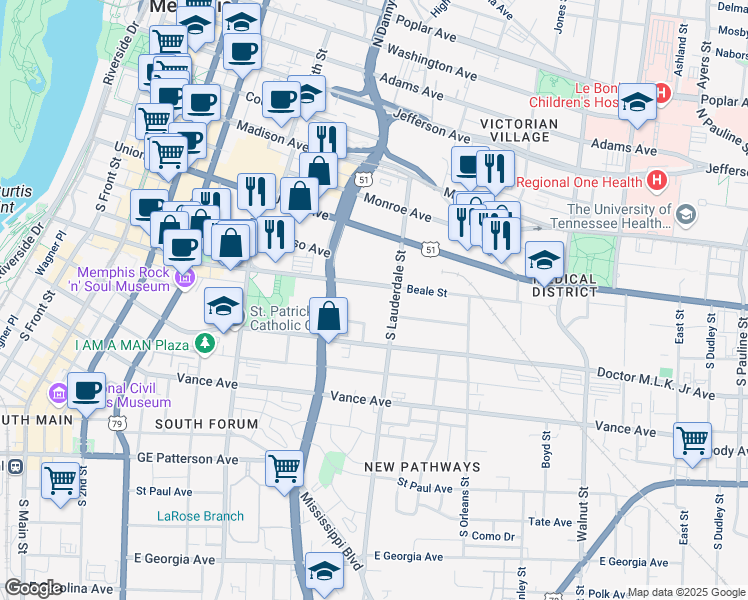 map of restaurants, bars, coffee shops, grocery stores, and more near 533 Beale Street in Memphis
