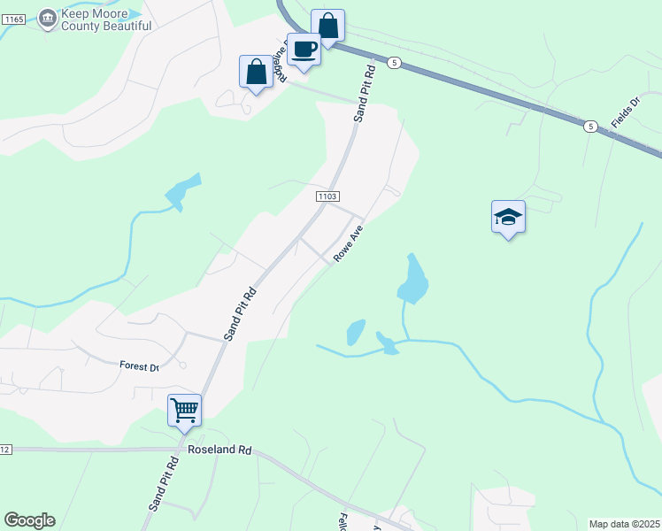 map of restaurants, bars, coffee shops, grocery stores, and more near Rowe Avenue in Moore County