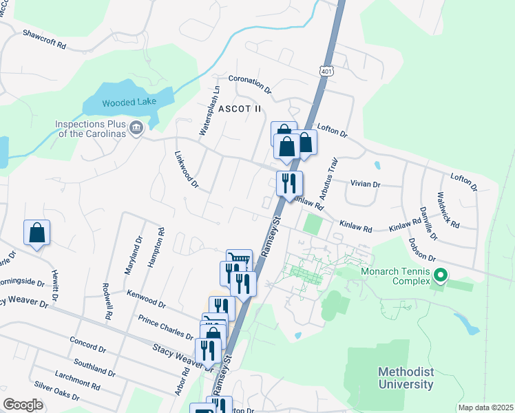 map of restaurants, bars, coffee shops, grocery stores, and more near 157 Aloha Drive in Fayetteville