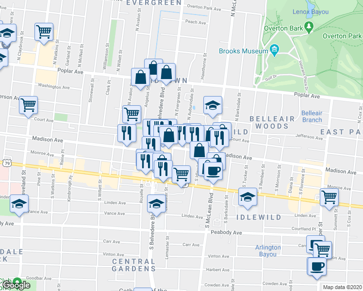 map of restaurants, bars, coffee shops, grocery stores, and more near 70 North Evergreen Street in Memphis