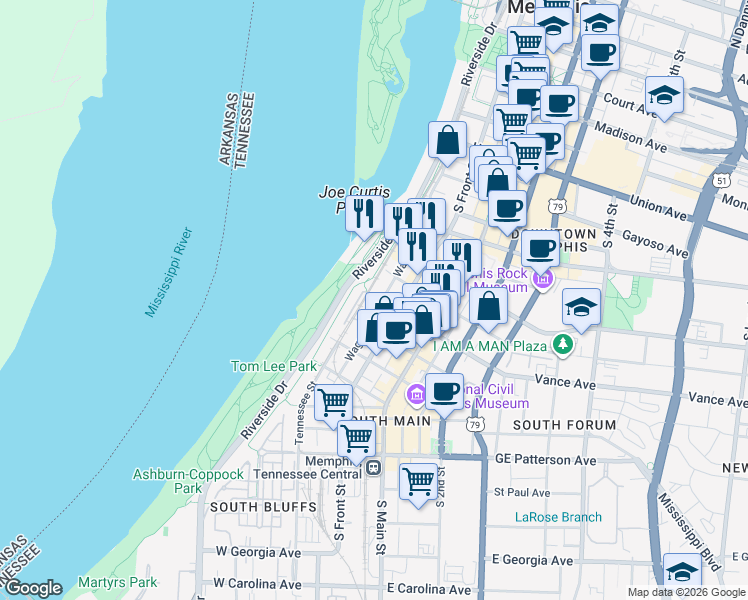 map of restaurants, bars, coffee shops, grocery stores, and more near 18a Riverside Drive in Memphis