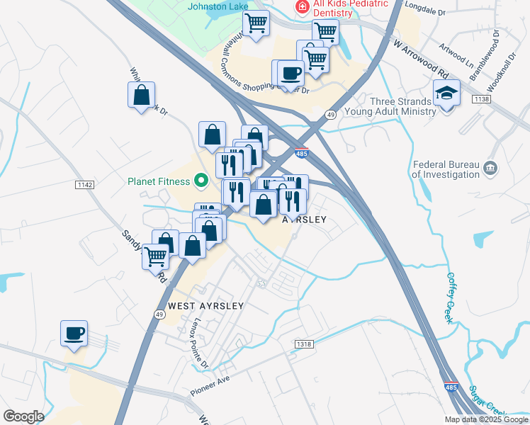 map of restaurants, bars, coffee shops, grocery stores, and more near 2127 Ayrsley Town Boulevard in Charlotte