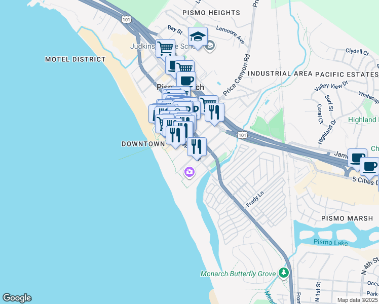 map of restaurants, bars, coffee shops, grocery stores, and more near 55 Stimson Avenue in Pismo Beach