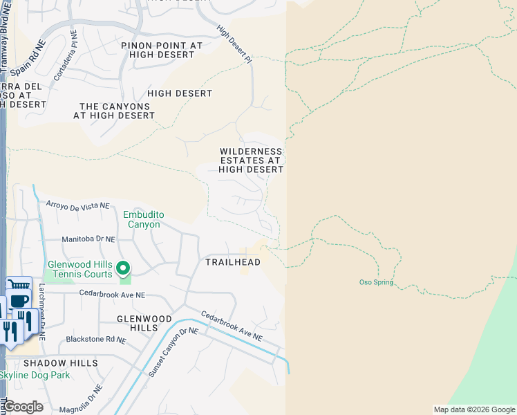 map of restaurants, bars, coffee shops, grocery stores, and more near 5405 High Desert Place in Albuquerque