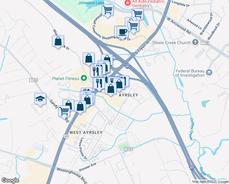 map of restaurants, bars, coffee shops, grocery stores, and more near 2127 Ayrsley Town Boulevard in Charlotte