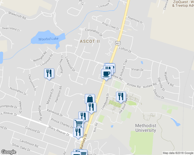 map of restaurants, bars, coffee shops, grocery stores, and more near 159 Aloha Drive in Fayetteville