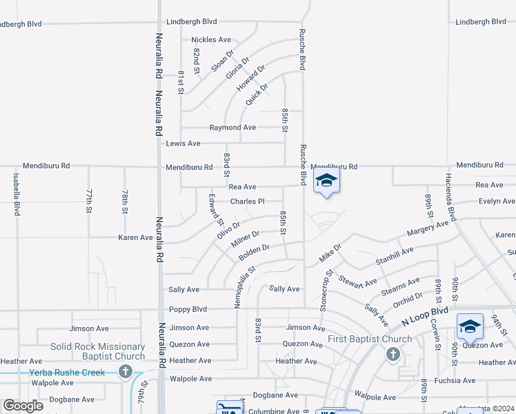 map of restaurants, bars, coffee shops, grocery stores, and more near 8368 Charles Place in California City
