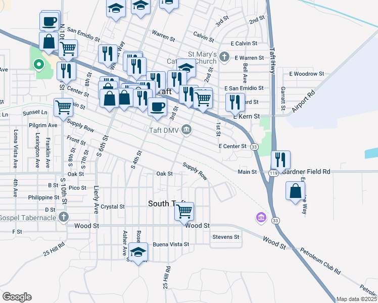 map of restaurants, bars, coffee shops, grocery stores, and more near 145 Center Street in Taft