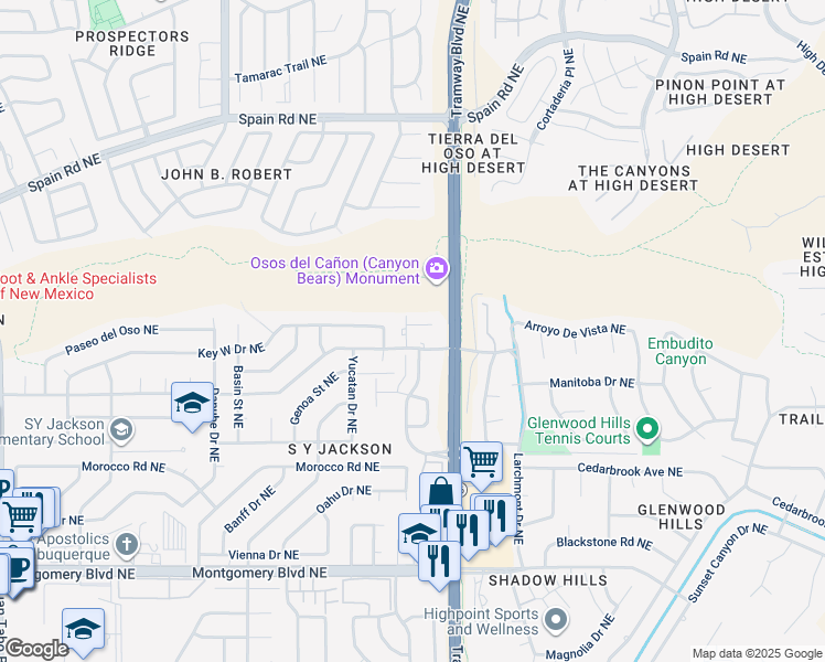 map of restaurants, bars, coffee shops, grocery stores, and more near 5017 Hardin Drive Northeast in Albuquerque