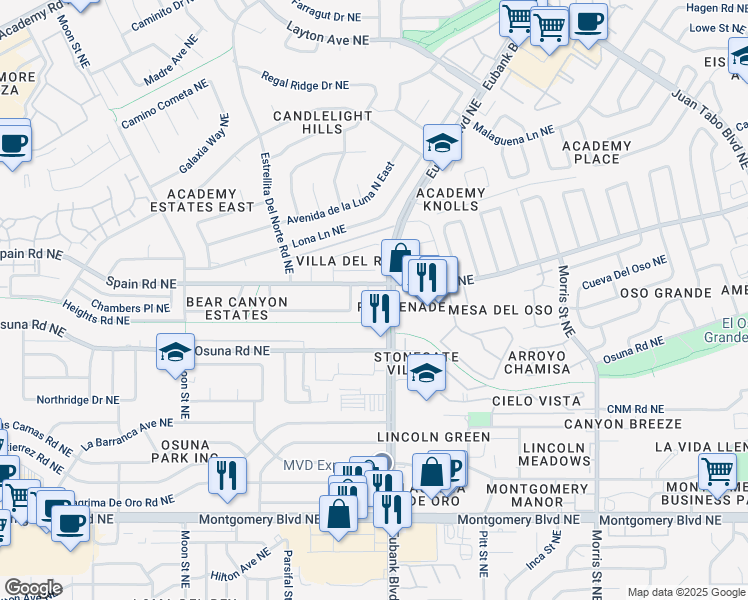 map of restaurants, bars, coffee shops, grocery stores, and more near 9616 Paseo Del Rey Northeast in Albuquerque