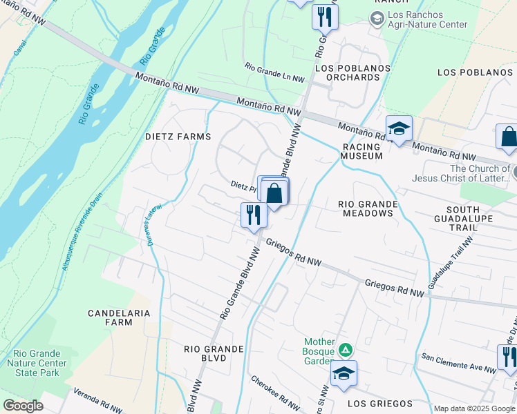 map of restaurants, bars, coffee shops, grocery stores, and more near 2112 Dietz Place Northwest in Albuquerque