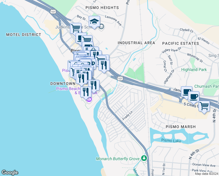 map of restaurants, bars, coffee shops, grocery stores, and more near 376 Park Avenue in Pismo Beach
